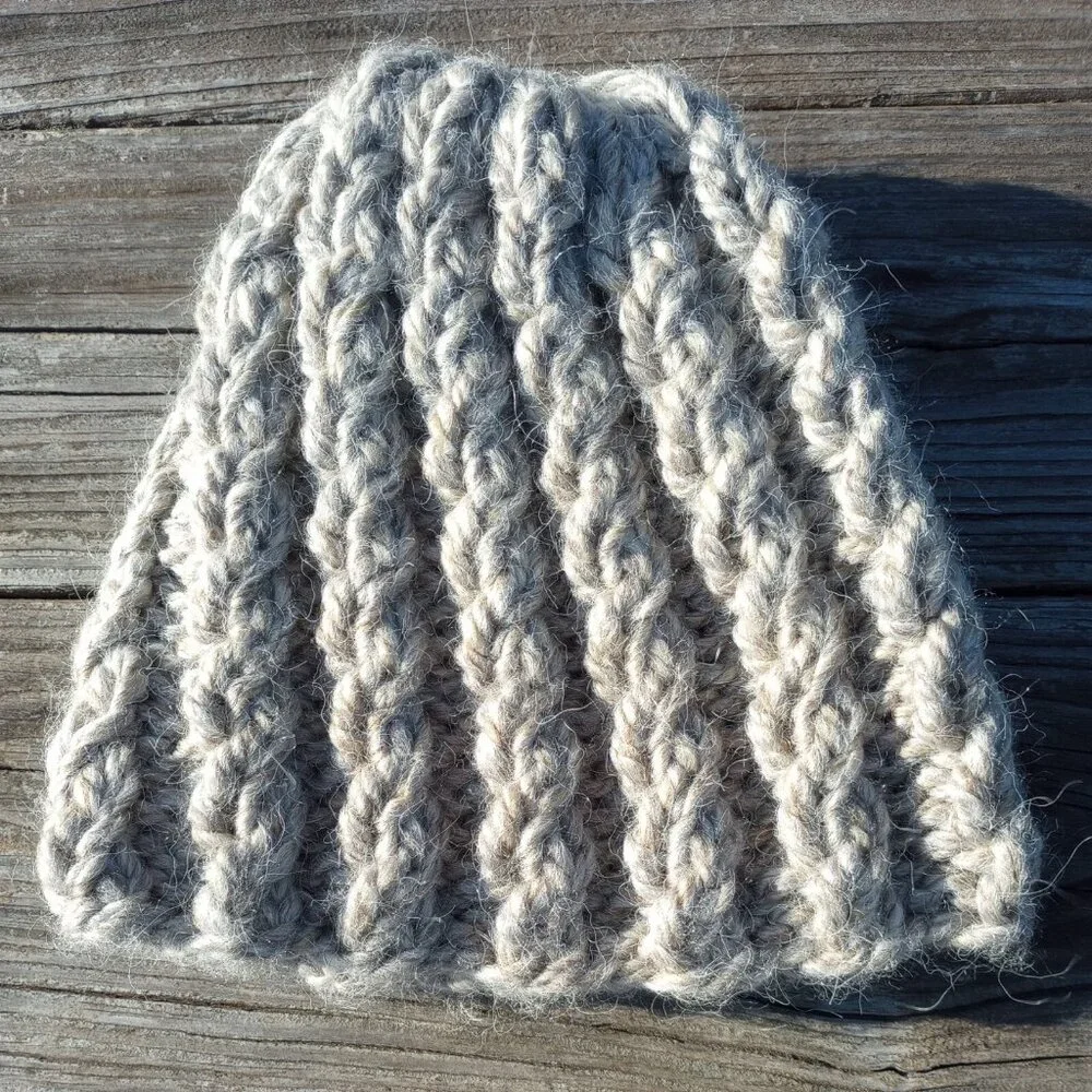 Alpaca Beanie Skully Hat Men Thick Chunky Hand Knit Wool Rib Barn Owl Beige L XL - Picture 5 of 9